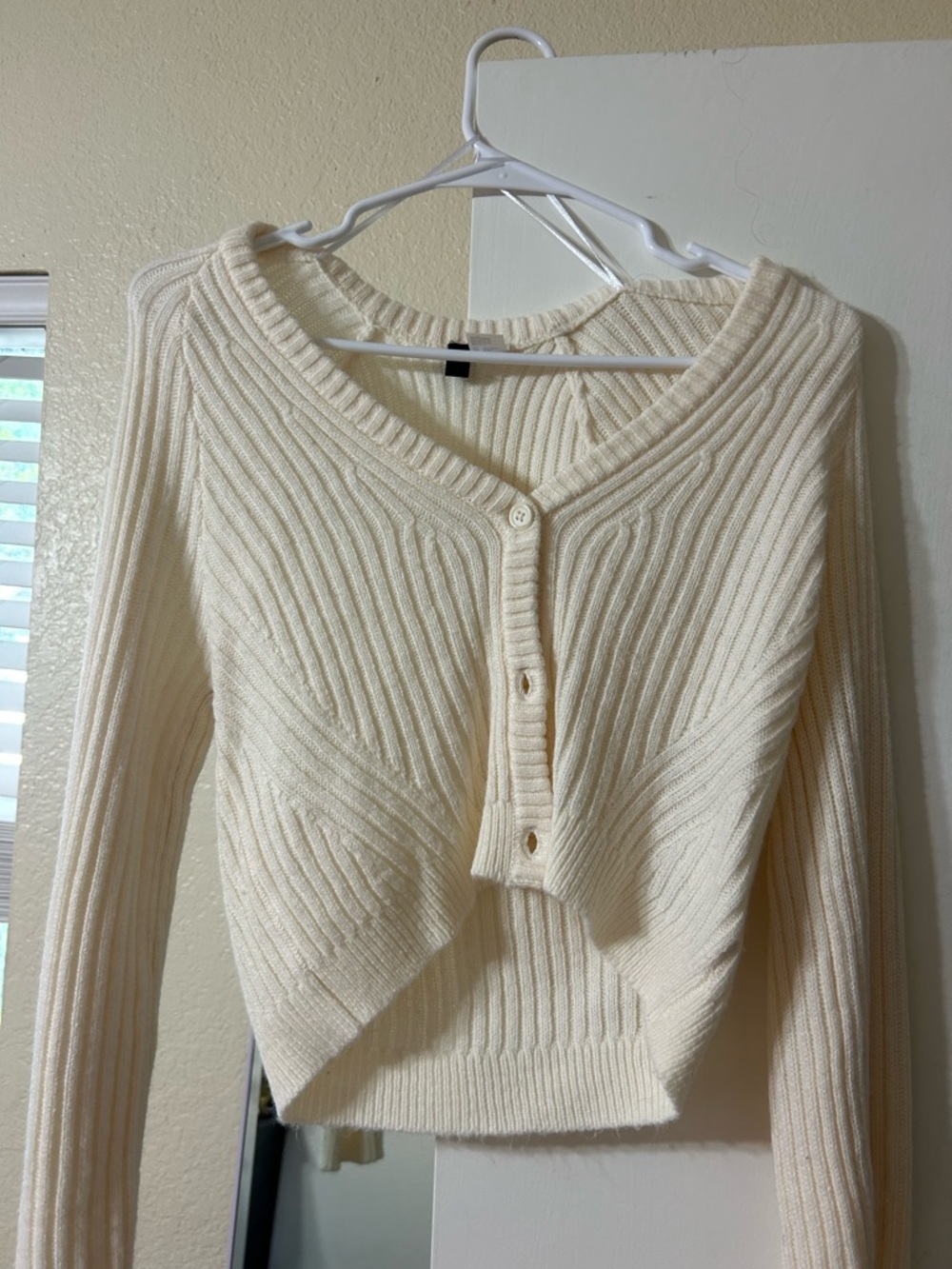Cream Ribbed V-Neck Button Front Women’s Sweater